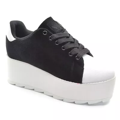 Ladies YRU Lala Platform Sneakers 10 / 41 Black Velvet Lace Up Shoes New In Box • £57