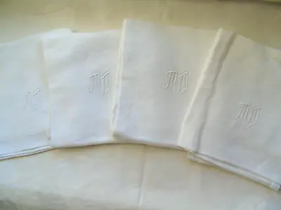 French Set Of 4 White Cotton Damask Table Linens Napkins  Monogram  M M  Vintage • $46