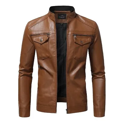 Men’s Brown Racer Genuine Outfit Scooter Sporty Smooth Vintage Leather Jacket • $139