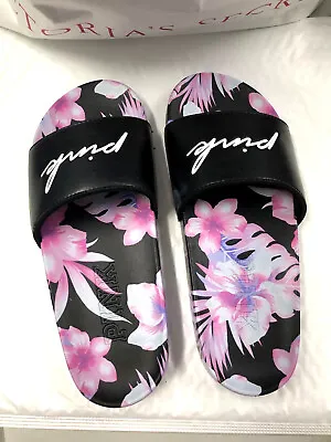 Victoria's Secret Pink Single Strap Slide Sandals Black Floral Script Logo M • $24.95