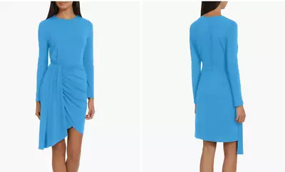 AIDAN MATTOX Sz 6 Metallic Blue Mock Neck Long Sleeve Dress Ruched SAMPLE SALE • $19.99