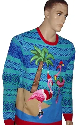 Mens PINK FLAMINGO Light Up ISLAND Palm Tree Ugly Christmas Sweater Party L NEW • $49.99