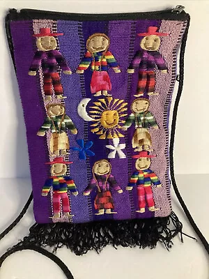 Vintage Embroidered Peruvian Crossbody Cloth Purse Smiling Kids Sun Moon Fringe • $14.95