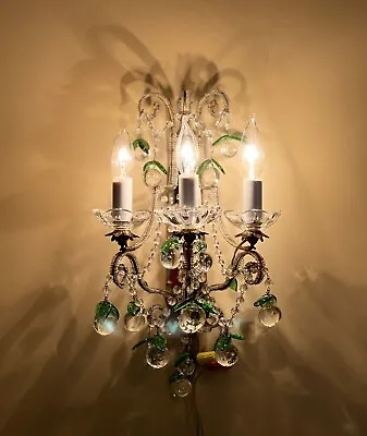 PAIR Antique Crystal Macaroni Beaded Murano Ball Drops French Wall Sconces A1 • $1800