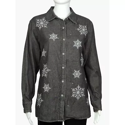 Vtg. Quacker Factory Snowflake Button Up Denim Shirt Embroidered Rhinestones Med • $17.99