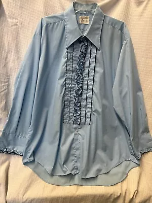 Vintage Mens After Six LS Baby Blue Ruffled Navy Accent Tuxedo Shirt Size 18/33 • $17