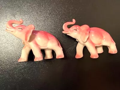 (2) VINTAGE PINK PORCELAIN ELEPHANTS TRUNK UP SMALL 4  Japan FIGURINE • $3.99