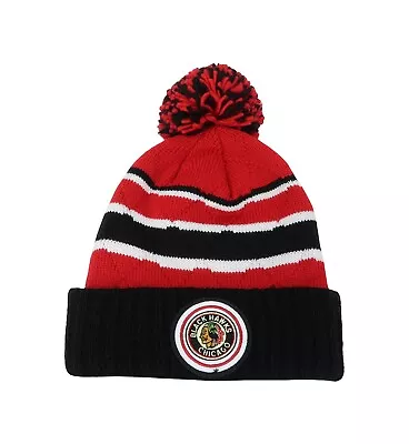 Mitchell & Ness Striped Pom Beanie Chicago Blackhawks Black Red Quilted Knit Hat • $15