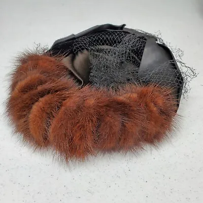 Pillbox Hat Women Black Satin Velvet Real Fur Trim Lace Net Veil VTG • $19.97
