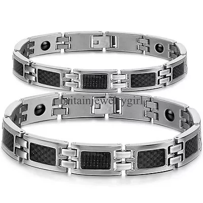 Stainless Steel Mens Womens Black Carbon Fiber Magnetic Stone Bracelet Bangle • $11.69