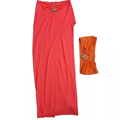 High Split Bodycon Maxi Skirt With Tube Top - S / Orange • £13.83