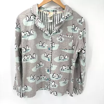 Munki Munki Pajama Top Women's Size Medium Flannel Gray Blue Button Up Penguins • $18.99