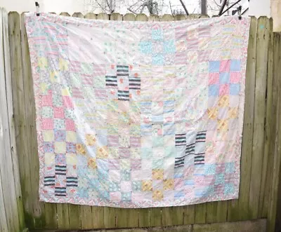 Vintage Patchwork Quilt Handmade Plaid Floral Feed Sack Grandma Blanket 69x63 • $138.94