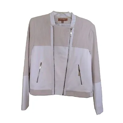 Ellen Tracy Off White Asymmetrical Zip Faux Leather Tweed Crop Jacket Size Large • $49.99