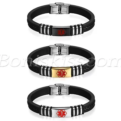 Men's Stainless Steel Silicone Rubber Medical Alert Logo ID Bracelet Bangle Cuff • $8.54