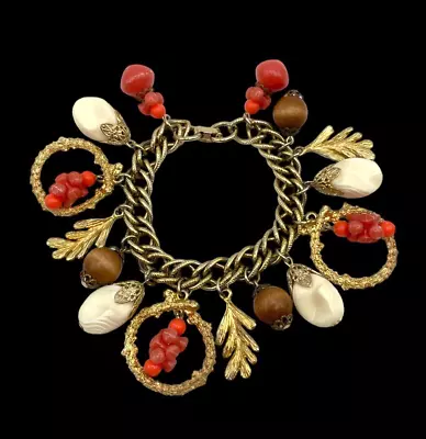 VTG 70's Chunky Charm Bracelet Fall Theme Berries Leaves Nuts Chain Cha-cha • $30
