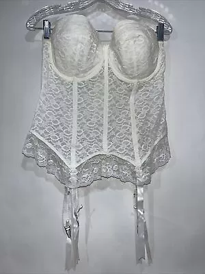 VTG 50s I Owe It All To Goddess Corset + Garters 40D White Pin-up Lace USA • $29.99