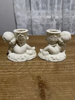 Tapered Candle Holders Cherub Angels Pair Vintage White Ceramic Italian Luster • $13.99