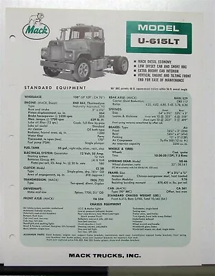 1967 Mack Truck Model U 615LT Specification Sheet • $10.58