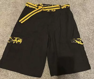 MCMXXXIII Red Ape Logo Men's Size 38 Black Gold Denim Shorts Baggy Loose Fit • $15.99