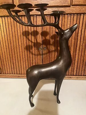 Large Vintage Heavy Metal Deer W/ Antlers Holds 8 Candles Holder 17” Candelabra • $45