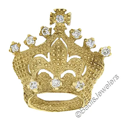 Vintage 18k Gold .65ct Diamond Textured Bead Crown Tiara Fleur De Lis Pin Brooch • $1590.40