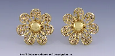 Middle Eastern 18K Gold Wire Filigree Flower Form Earrings • $705.60