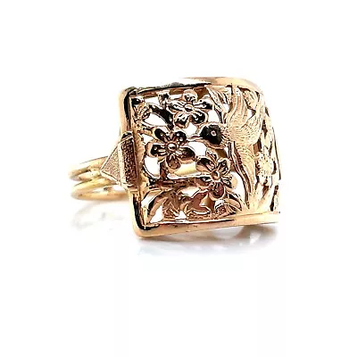 Ming’s Hawaii Bird On A Plum Blossom Cutout 14K Square Ring • $1125