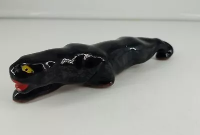 Vintage Black Panther Cat Red Ware Ceramic Glazed Figurine Japan 5.5” Long • $12