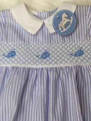 £10.79 • Buy Baby Boys Smocked Romper Blue Striped Whale Spanish Style  0 - 6 Months