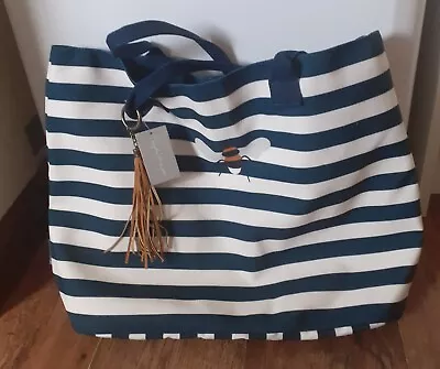 BNWT Sophie Allport Canvas Tote Bee Beach Bag Nautical Navy Blue White Striped • £20