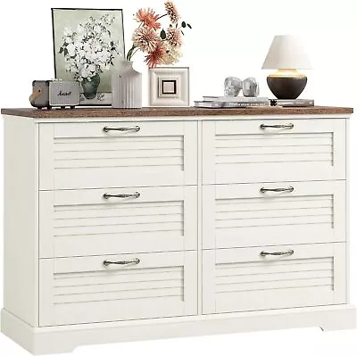 6 Drawer Dresser TV Stand Farmhouse Chest Of Drawers With Handles Oak White • $229.98