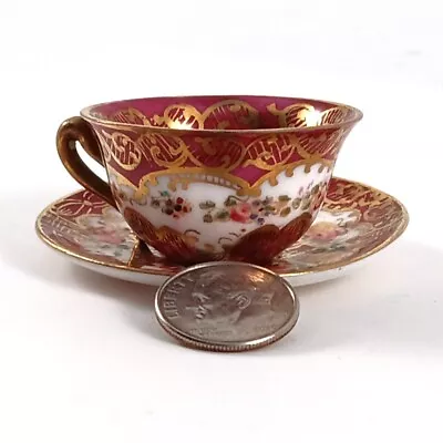 Vintage Crown Staffordshire Miniature Floral Gold And Red Cup & Saucer Set • $35