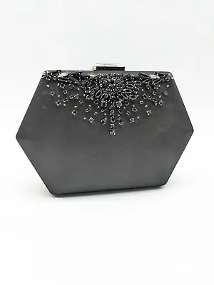 BADGLEY MISCHKA Satin Embellished Hex Clutch Minaudiere Evening Bag-Black- USED • $29.99