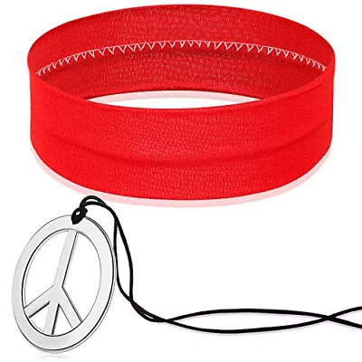 70S HIPPIE COSTUME ACCESSORIES SET PEACE SIGN CHAIN NECKLACE And Red HEADBAND • £3.39