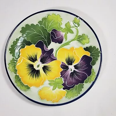  J.McCall Blue Sky Clayworks Enameled Appetizer Plate Pansies Yellow Purple • $18.99