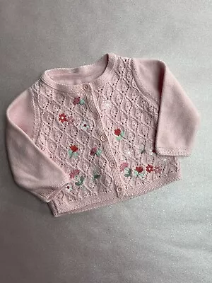 Baby Girls Pink Knitted Cardigan 6-9 Months Embroidered Flowers • £3.50