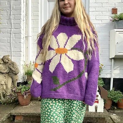 £165 • Buy Vintage Daisy Jumper Purple XL Wool Handknit Handmade Pachamama Look