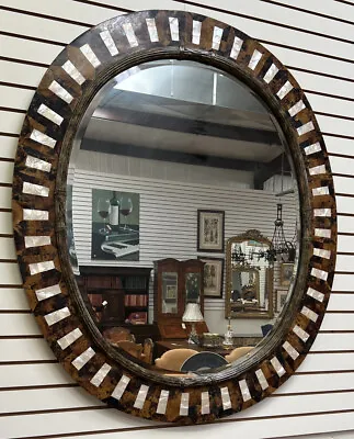 Vtg Lg Oval Mother Of Pearl & Horn Mirror H 53  X W48  Beveled Maitland Smith? • $2495