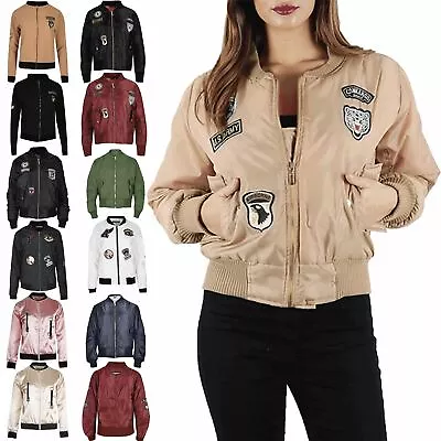 £6.90 • Buy Womens Ladies MA1 Classic Padded Airforce Zip Up Army Badges Biker Bomber Jacket