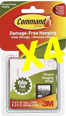 3M Command Picture Hanging Strips  - 4 Packets Of 8 X Small 16 X Medium Strips • $31.99