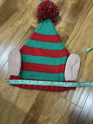 RED GREEN STRIPE ELF HAT With EARS And POM POM ADULT ONE SIZE • $7