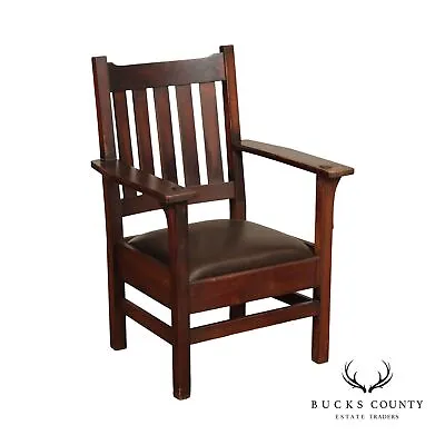 J. M. Young & Son Mission Arts And Crafts Oak And Leather Arm Chair • $595