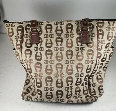 Etienne Aigner  Vintage Brown Leather Canvas Signature Logo Shoulder Bag Handbag • $34.86