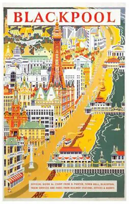 Vintage Blackpool From The Air Art Railway Travel Poster Print A1/A2/A3/A4! • £5.95