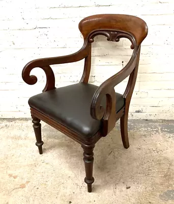 Antique George IV Mahogany Leather Library Chair Office Armchair (Can Deliver) • £229.99