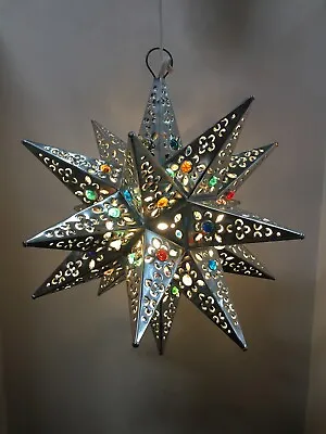 Moravian Star Pierced Metal Glass Pendant Light Lamp Hanging W/marbels 13 '' • $49.99