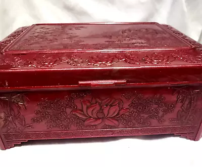 Vintage Red Celluloid Oriental Sewing/Jewelry/Other Box Chained Lid With Mirror • $28.99