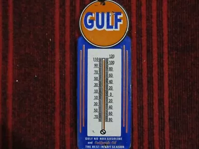 VINTAGE GULF OIL AND GAS PORCELAIN ENAMEL METAL THERMOMETER SIGN SIZE 10  X 3.5  • $99