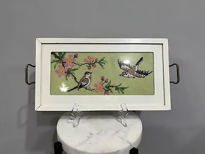 Vintage Wooden Serving Tray Bird Cherry Blossom Cross Stitch Needlepoint Crewel • $34.99